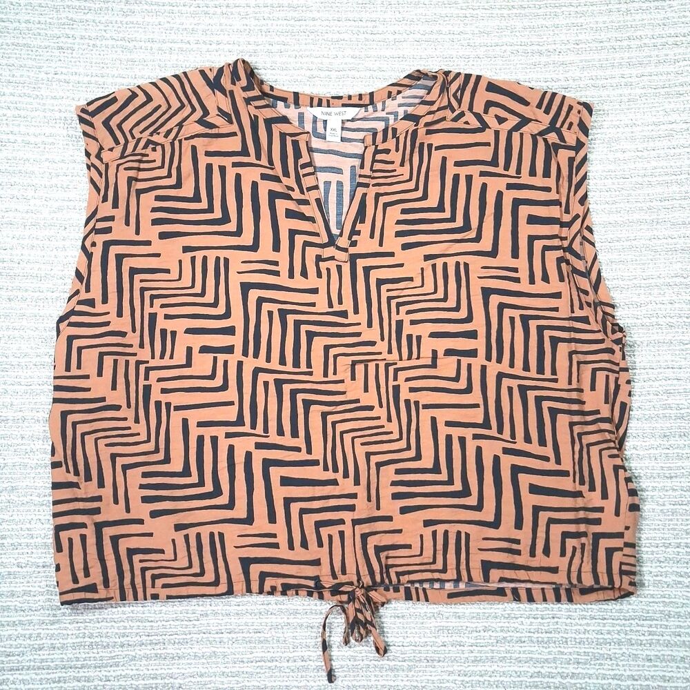 Nine West Womens XXL Top Sleeveless Split Neck Drawstring Hem Geometric Abstract